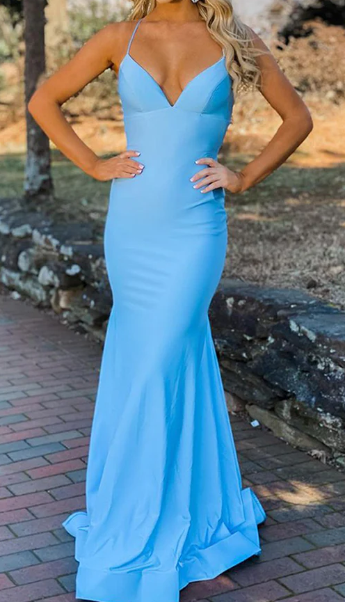 Mermaid Blue Sexy Backless Long Prom Dress