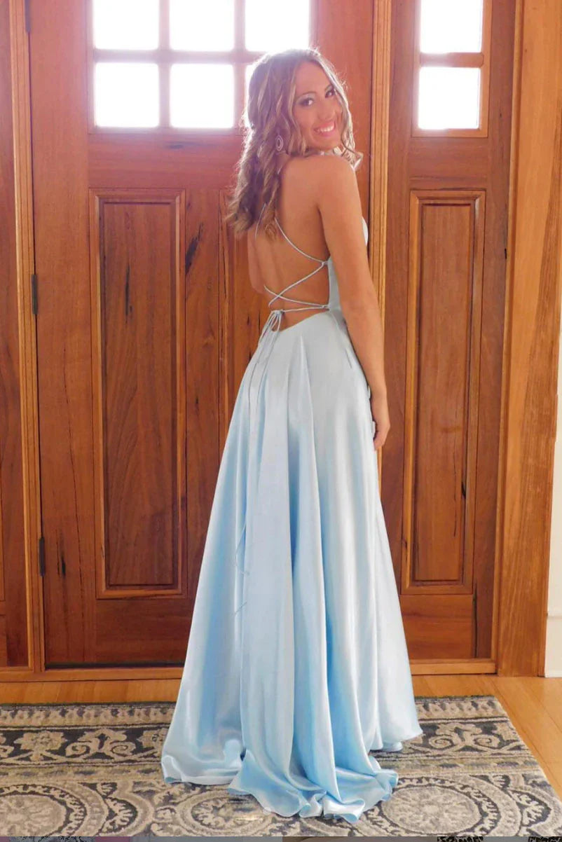 Simple blue satin long prom dress, blue long evening dress
