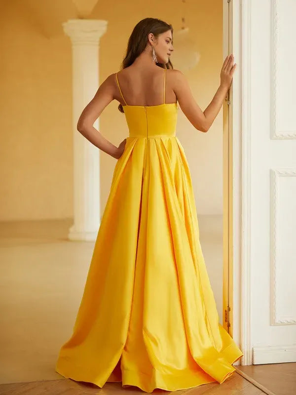 Radiant A-Line Sweetheart Spaghetti Strap Sleeveless Back Zip Floor-Length Ruffles Satin Prom Dresses with Slit ﻿