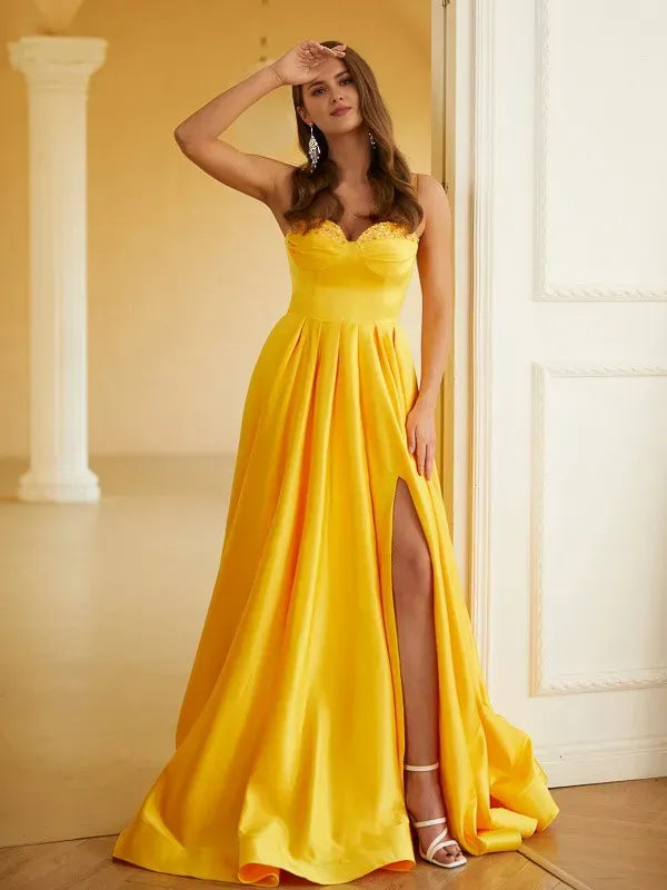 Radiant A-Line Sweetheart Spaghetti Strap Sleeveless Back Zip Floor-Length Ruffles Satin Prom Dresses with Slit ﻿