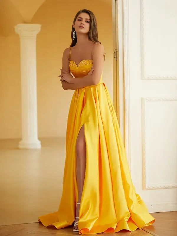 Radiant A-Line Sweetheart Spaghetti Strap Sleeveless Back Zip Floor-Length Ruffles Satin Prom Dresses with Slit ﻿