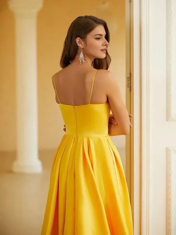 Radiant A-Line Sweetheart Spaghetti Strap Sleeveless Back Zip Floor-Length Ruffles Satin Prom Dresses with Slit ﻿
