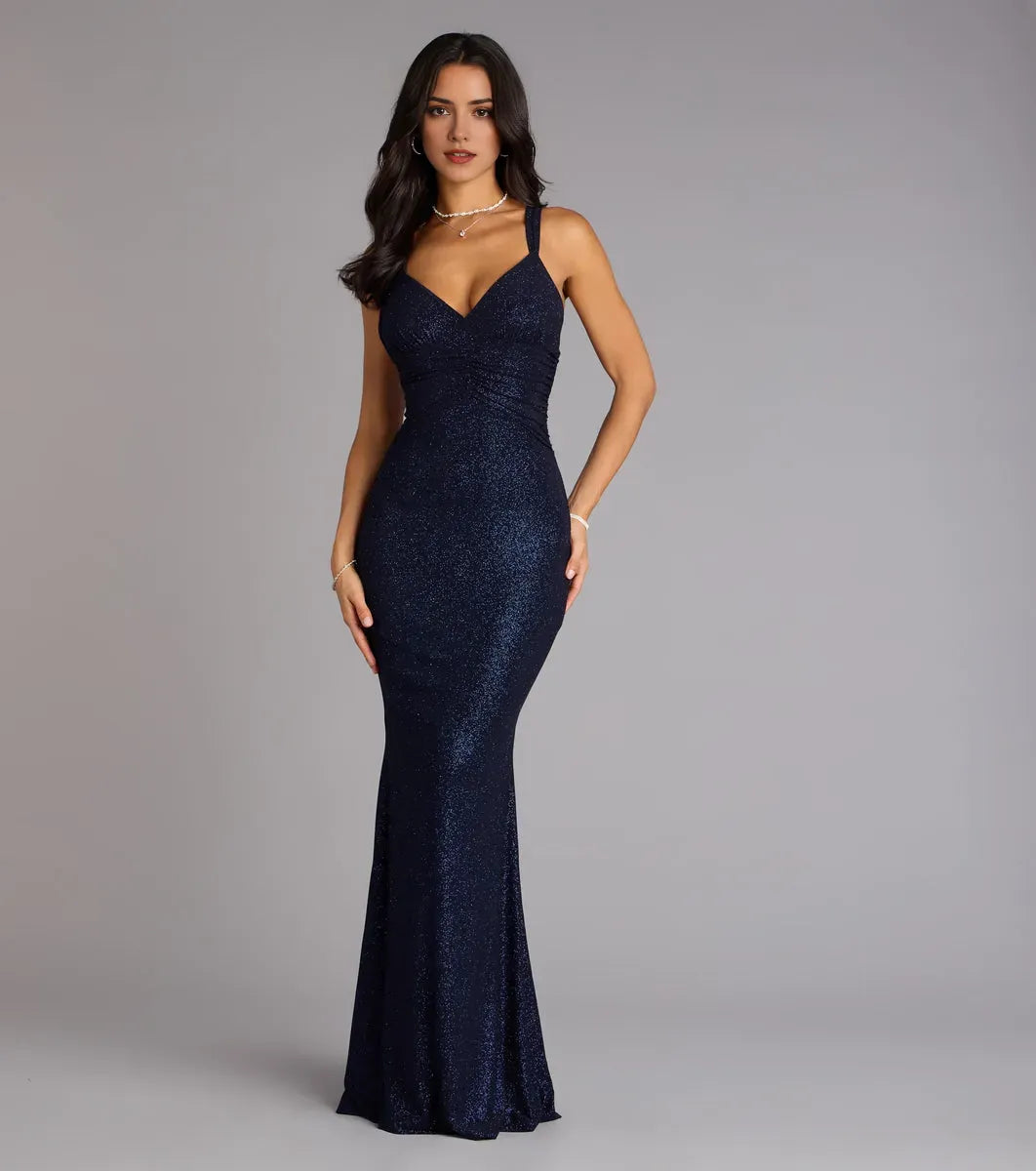 Radiant Navy Mermaid V-Neck Wide-Strap Cutout-Back Floor-Length Glitter Prom Dress ﻿