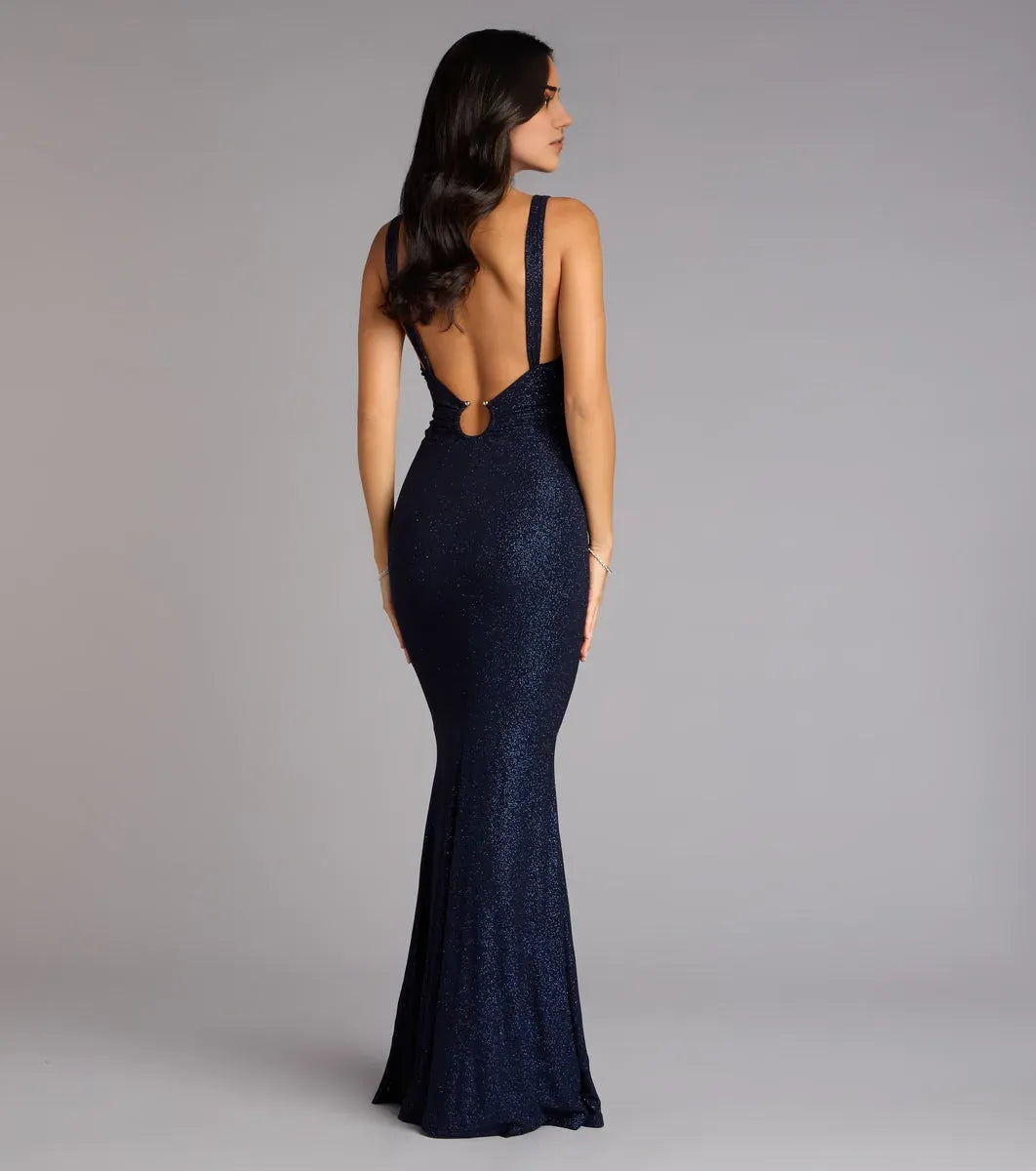 Radiant Navy Mermaid V-Neck Wide-Strap Cutout-Back Floor-Length Glitter Prom Dress ﻿