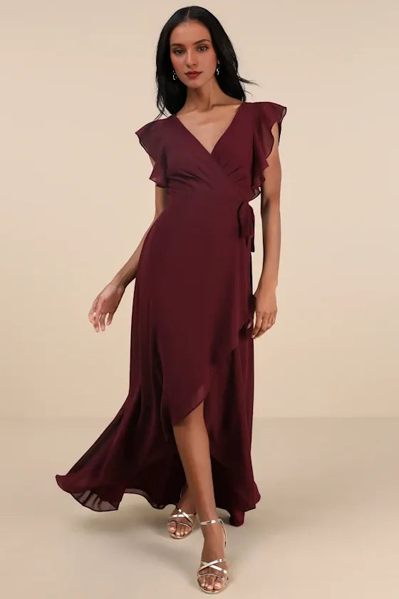 Ravishing Charm Black Ruffled Wrap High-Low Evening Dresses