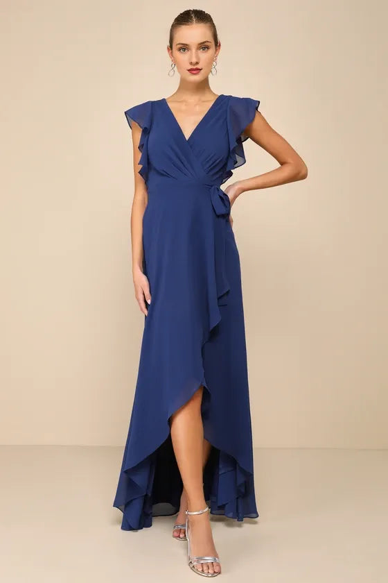 Ravishing Charm Black Ruffled Wrap High-Low Evening Dresses