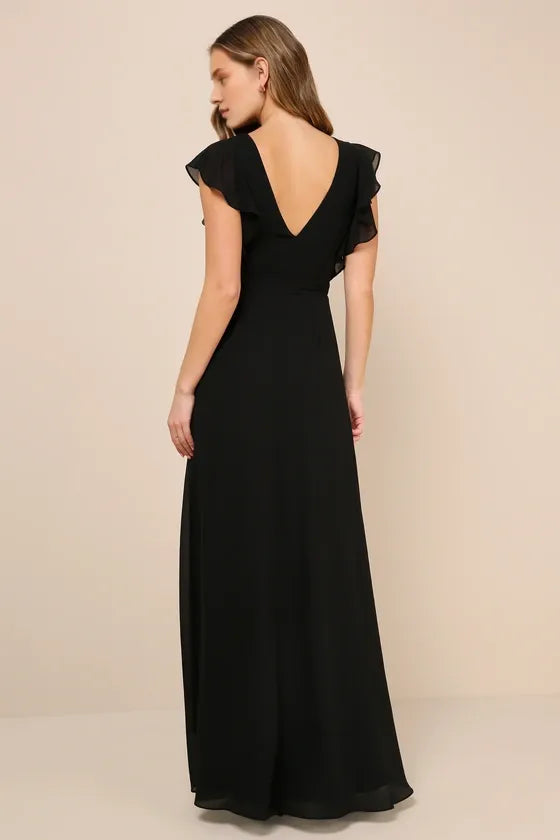 Ravishing Charm Black Ruffled Wrap High-Low Evening Dresses
