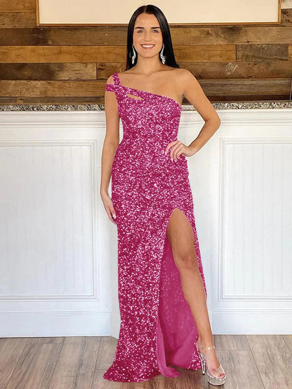 DingJiDress Sheath One Shoulder Sleeveless Long Sweep Train Velvet Sequin Prom Dress