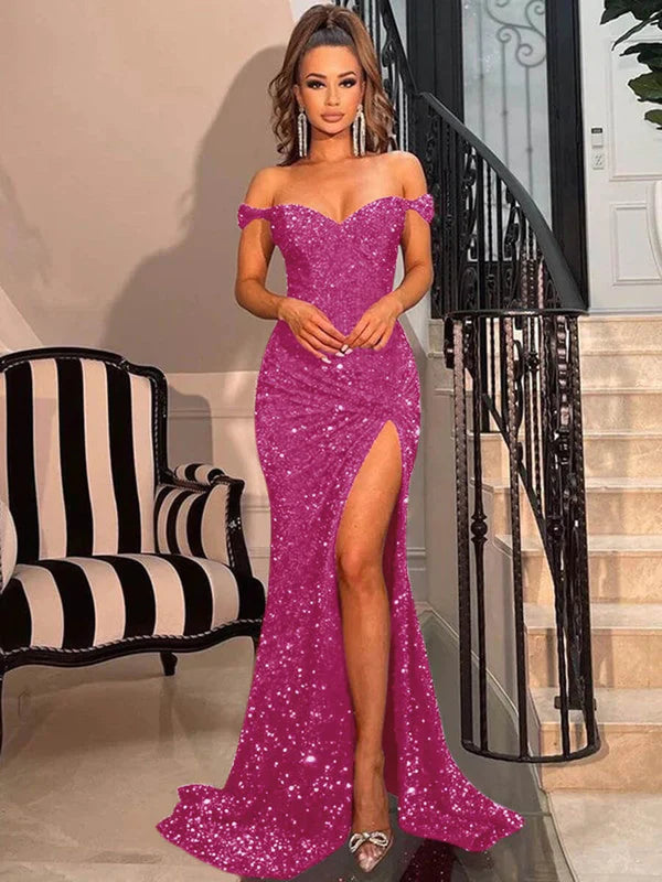 DingJiDress Sheath Off the Shoulder Short Sleeves Sweep Train Velvet Sequin Prom Dress