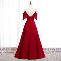 Red A-line Floor Length Off Shoulder Party Dress with Lace