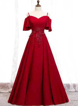 Red A-line Floor Length Off Shoulder Party Dress with Lace