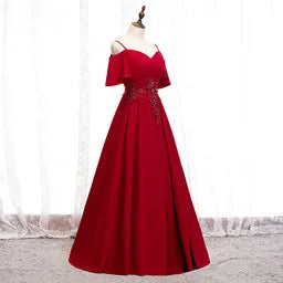 Red A-line Floor Length Off Shoulder Party Dress with Lace