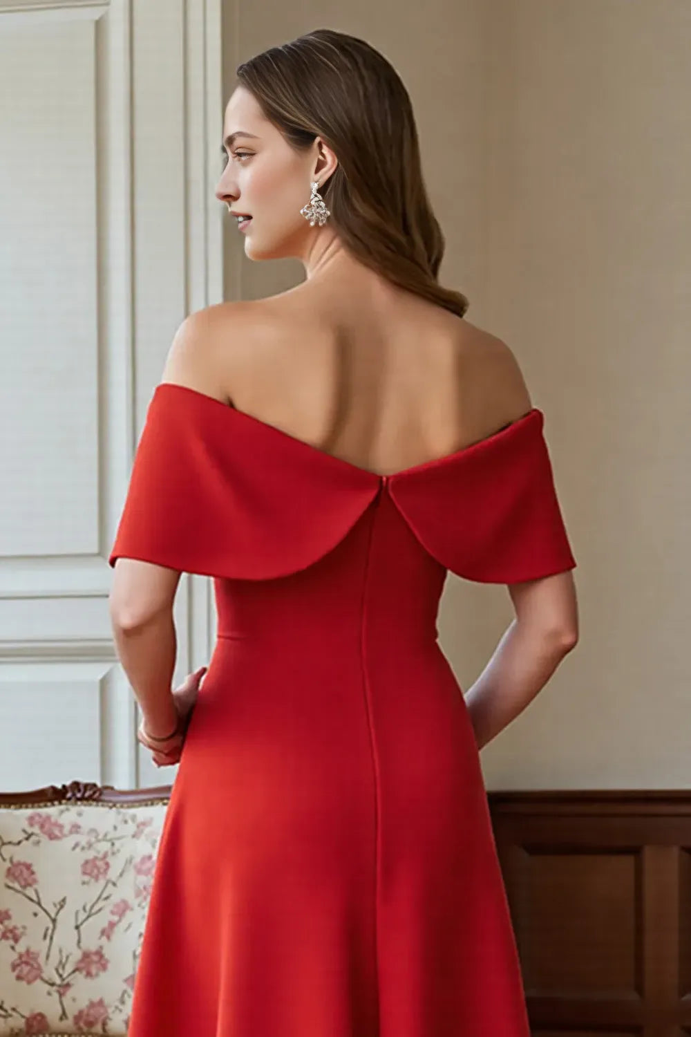 Red A Line Off the Shoulder Mother Of the Bride Dress with Bow