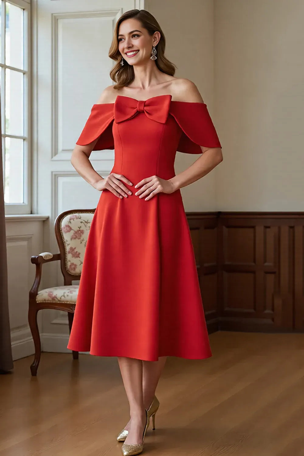 Red A Line Off the Shoulder Mother Of the Bride Dress with Bow
