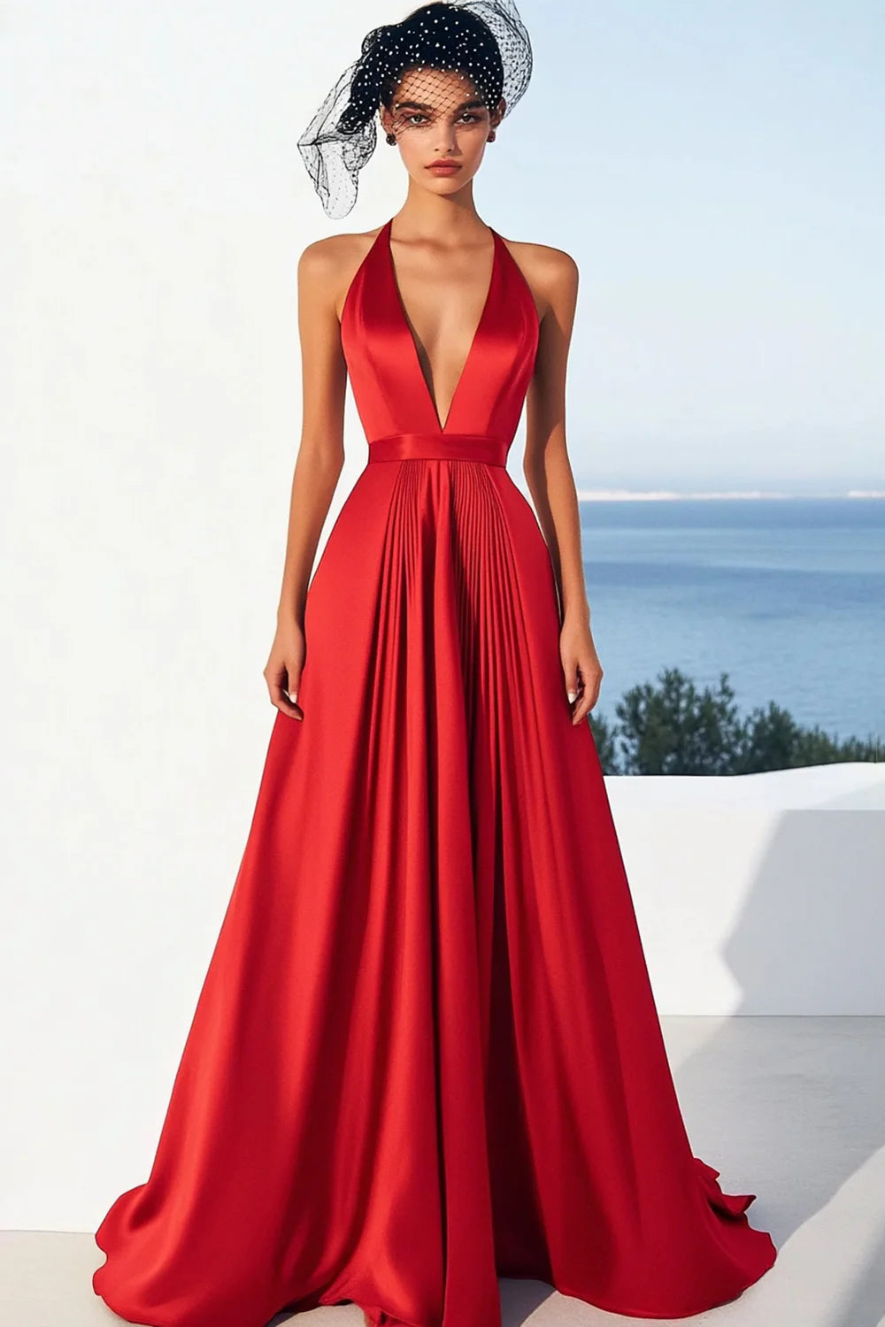 Red A Line V Neck Satin Evening Dresses