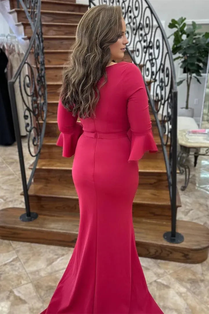 Red Bell Sleeves Mermaid Satin Long Mother of the Bride Dress