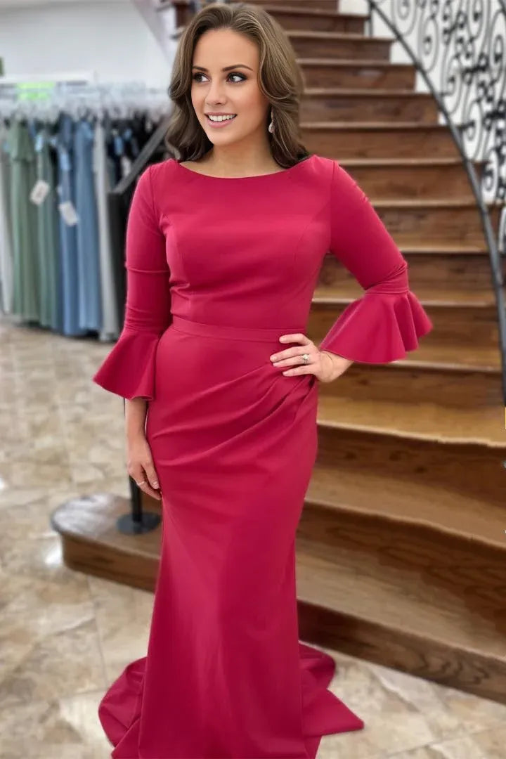 Red Bell Sleeves Mermaid Satin Long Mother of the Bride Dress