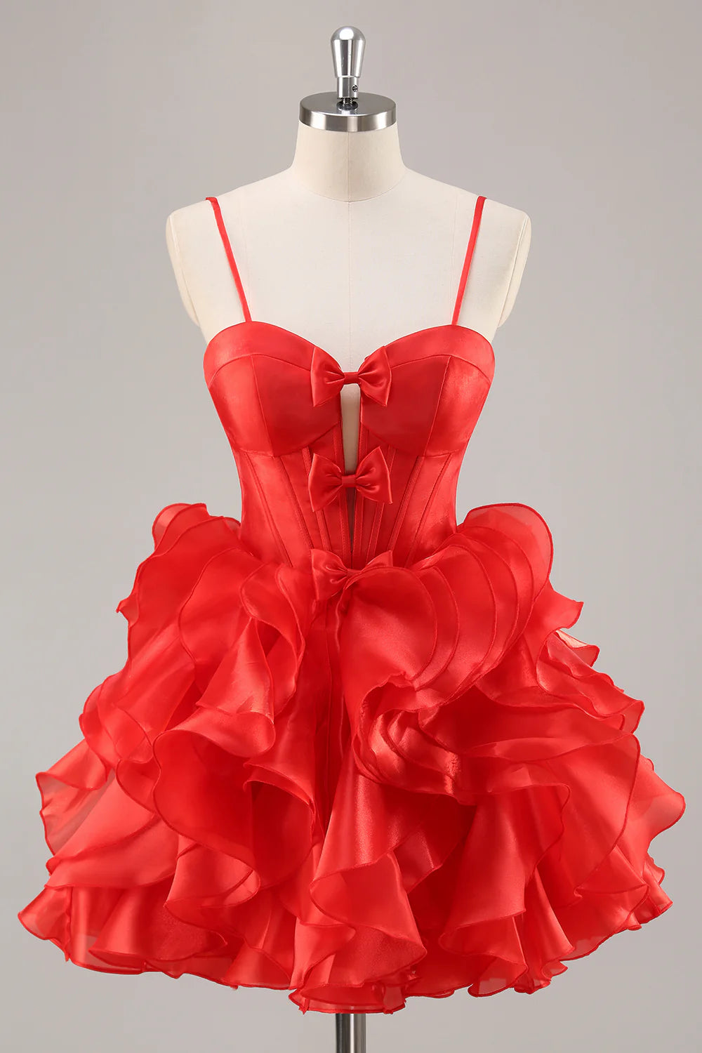 Red Corset Organza Short Ruffled Homecoming Dress with Bows