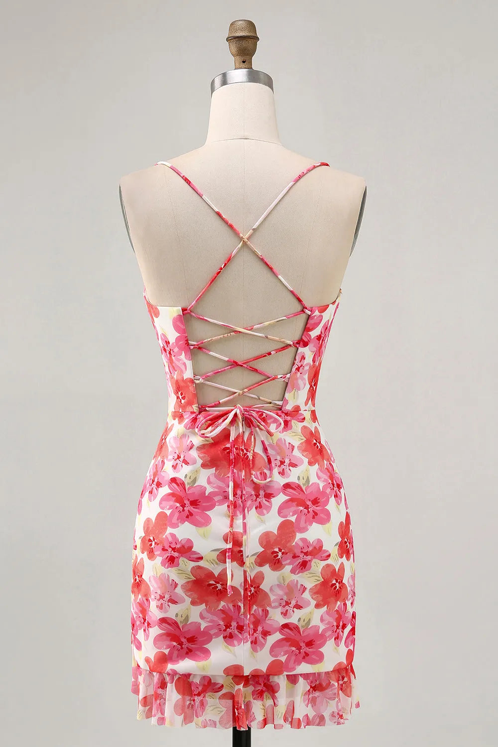 Red Floral Ruched Tight Short Homecoming Dress with Ruffles