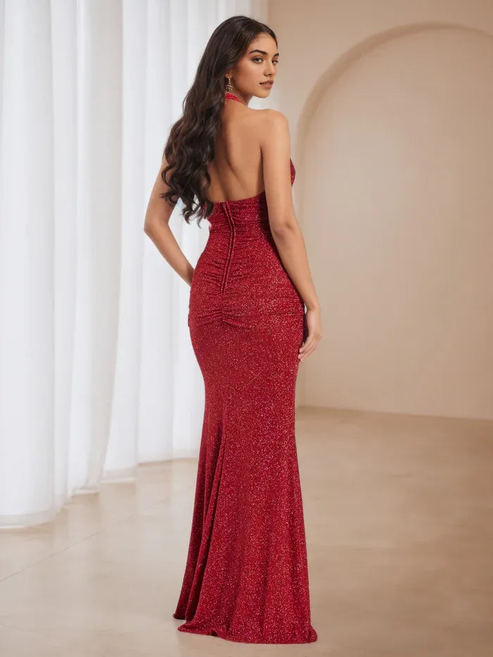 Red Glitter Halter Neck Prom Dress with Side Slit Ruched Design Mermaid Evening Gown