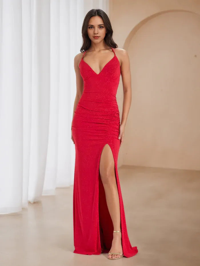 Red Glitter Mermaid Prom Dress Plunging V - Neck Spaghetti Straps Side Slit for Dazzling Gala Nights