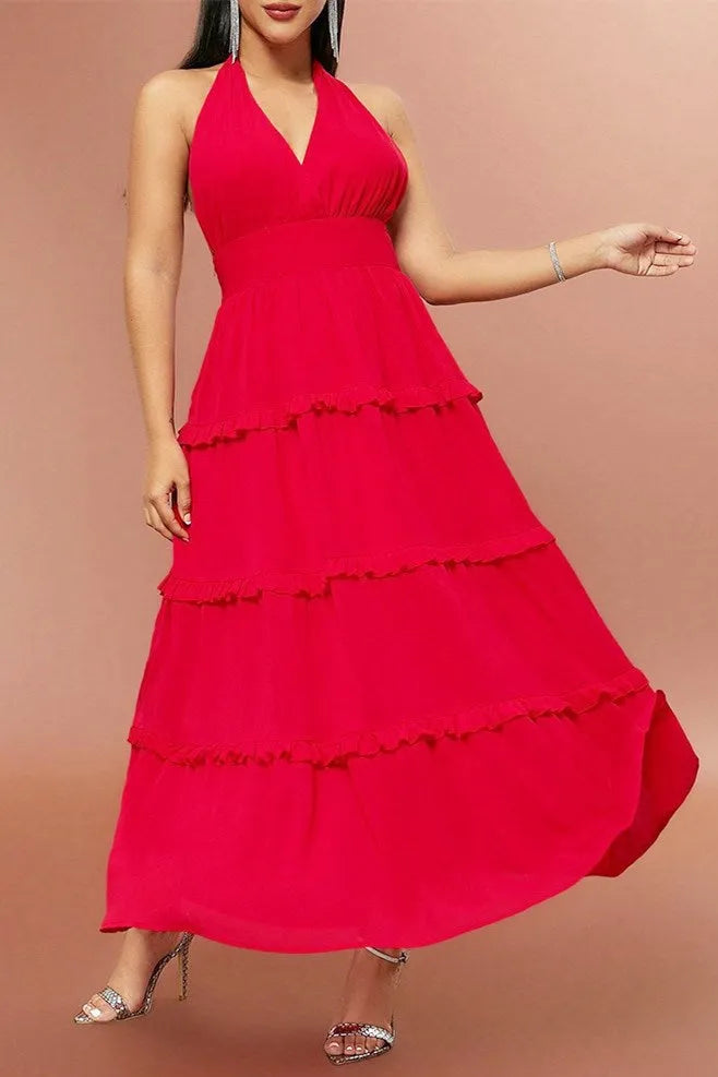Red Halter High-Waist Ruffle Party Dress