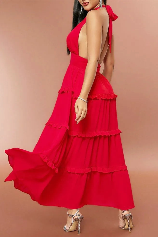 Red Halter High-Waist Ruffle Party Dress