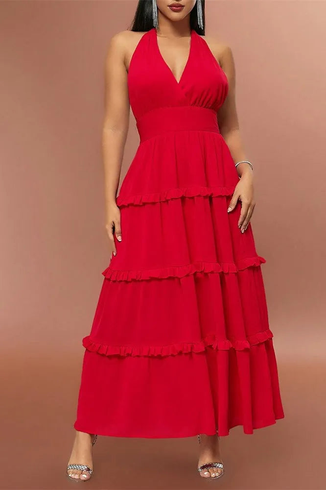 Red Halter High-Waist Ruffle Party Dress