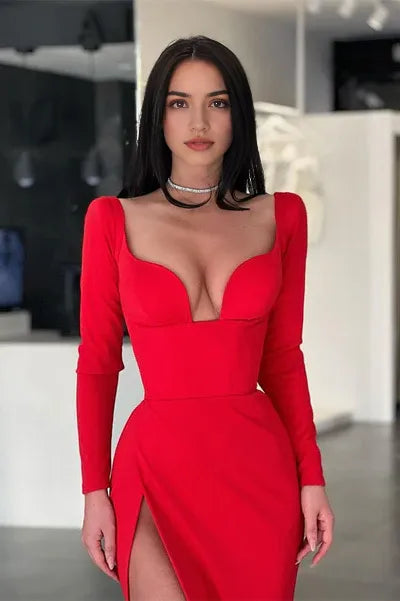 Red Long Sleeves V-Neck Evening Dress Mermaid With Slit On