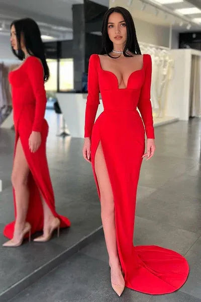 Red Long Sleeves V-Neck Evening Dress Mermaid With Slit On