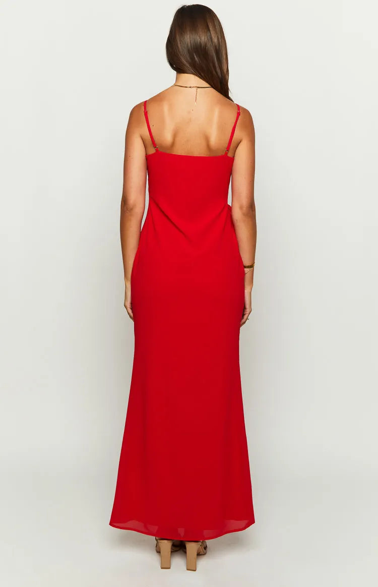 Red Prom Dress with Spaghetti Straps Ruffled V - Neckline and Side Slit for Formal Galas