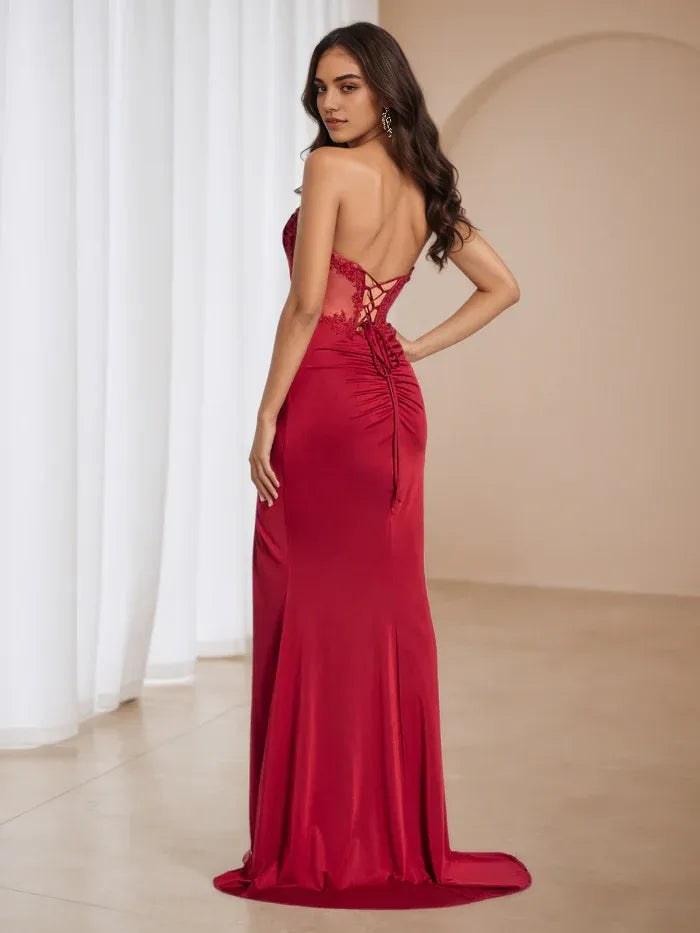 Red Satin Prom Dress Strapless Lace Bodice Ruched Silhouette Side Slit for Sophisticated Events