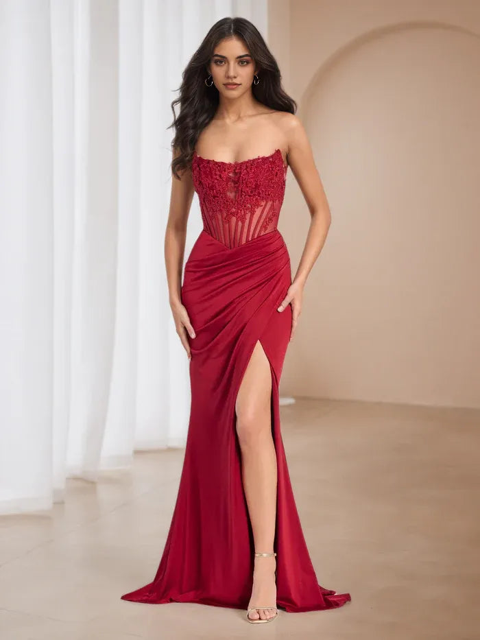 Red Satin Prom Dress Strapless Lace Bodice Ruched Silhouette Side Slit for Sophisticated Events