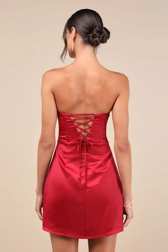 Red Satin Strapless Homecoming Dresses Corset Bodice Bodycon Fit  Dance into Elegance at Your Homecoming Celebration