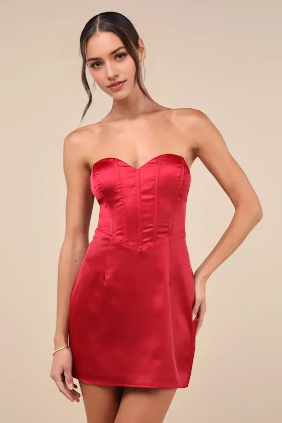 Red Satin Strapless Homecoming Dresses Corset Bodice Bodycon Fit  Dance into Elegance at Your Homecoming Celebration