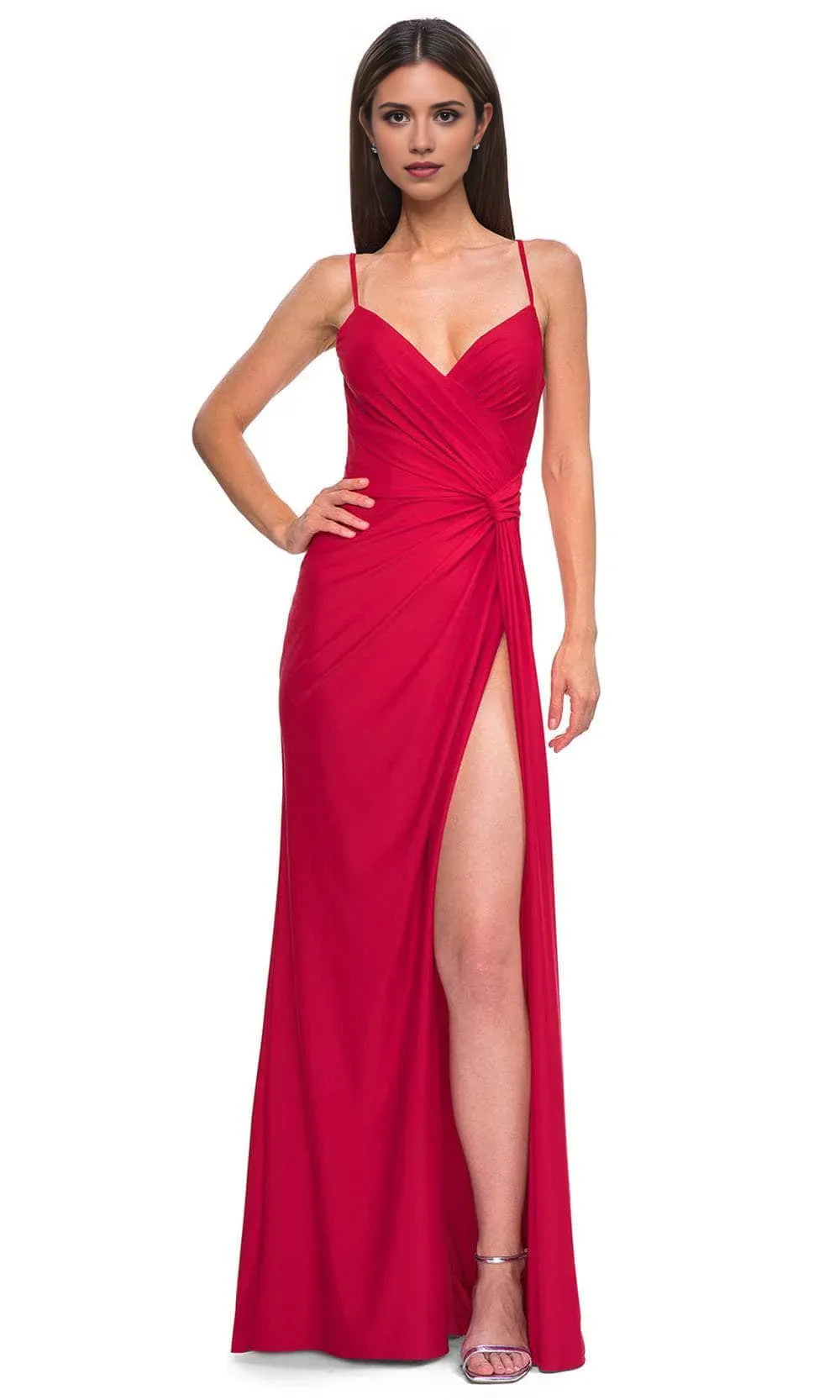 Red Spaghetti Strap Prom Gown with Side Slit and Ruched Detail  Perfect for Formal Balls Galas