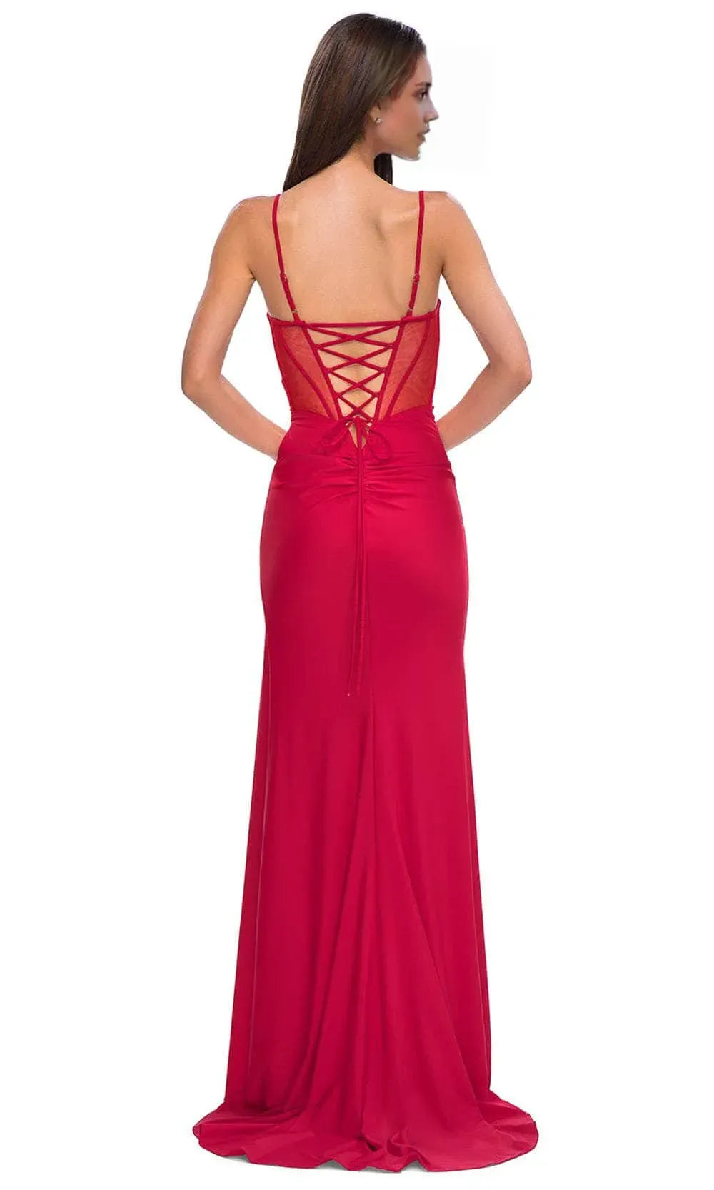 Red Spaghetti Strap Prom Gown with Side Slit and Ruched Detail  Perfect for Formal Balls Galas
