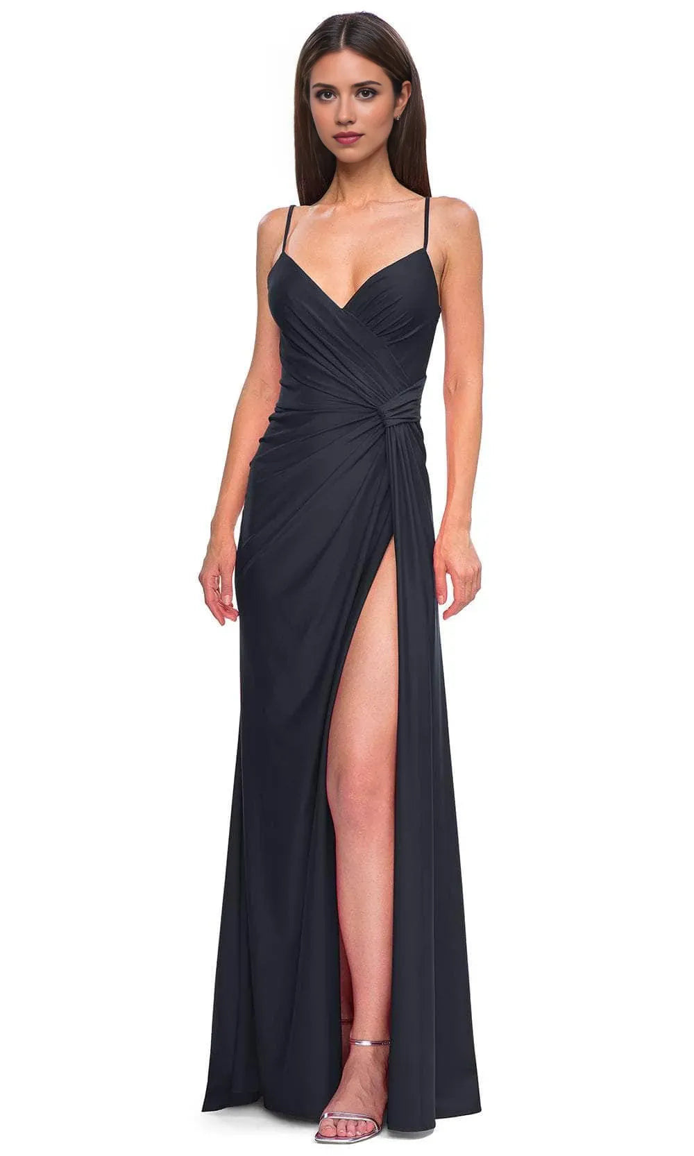 Red Spaghetti Strap Prom Gown with Side Slit and Ruched Detail  Perfect for Formal Balls Galas