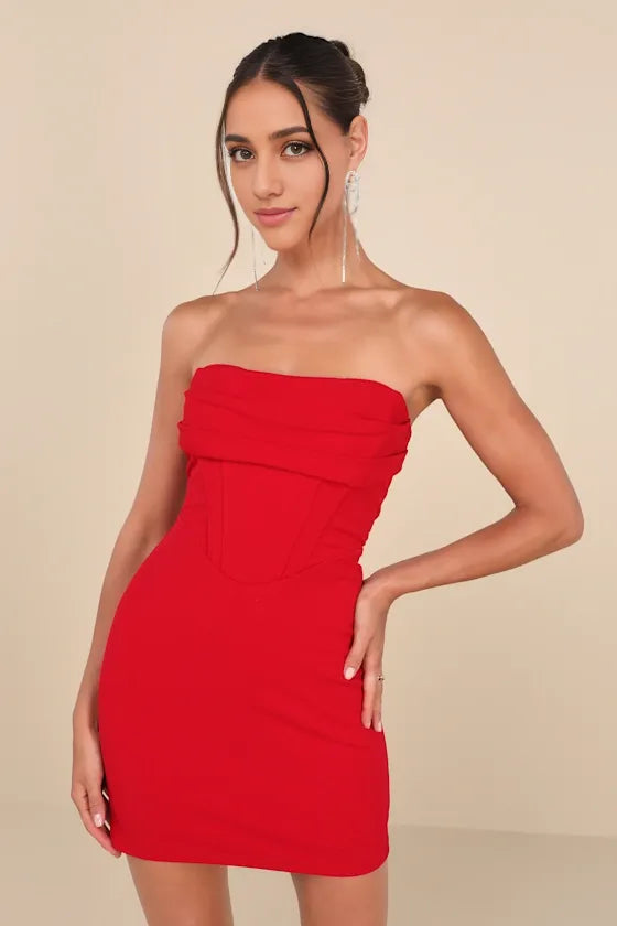 Red Strapless Corset Bodycon Homecoming Dresses