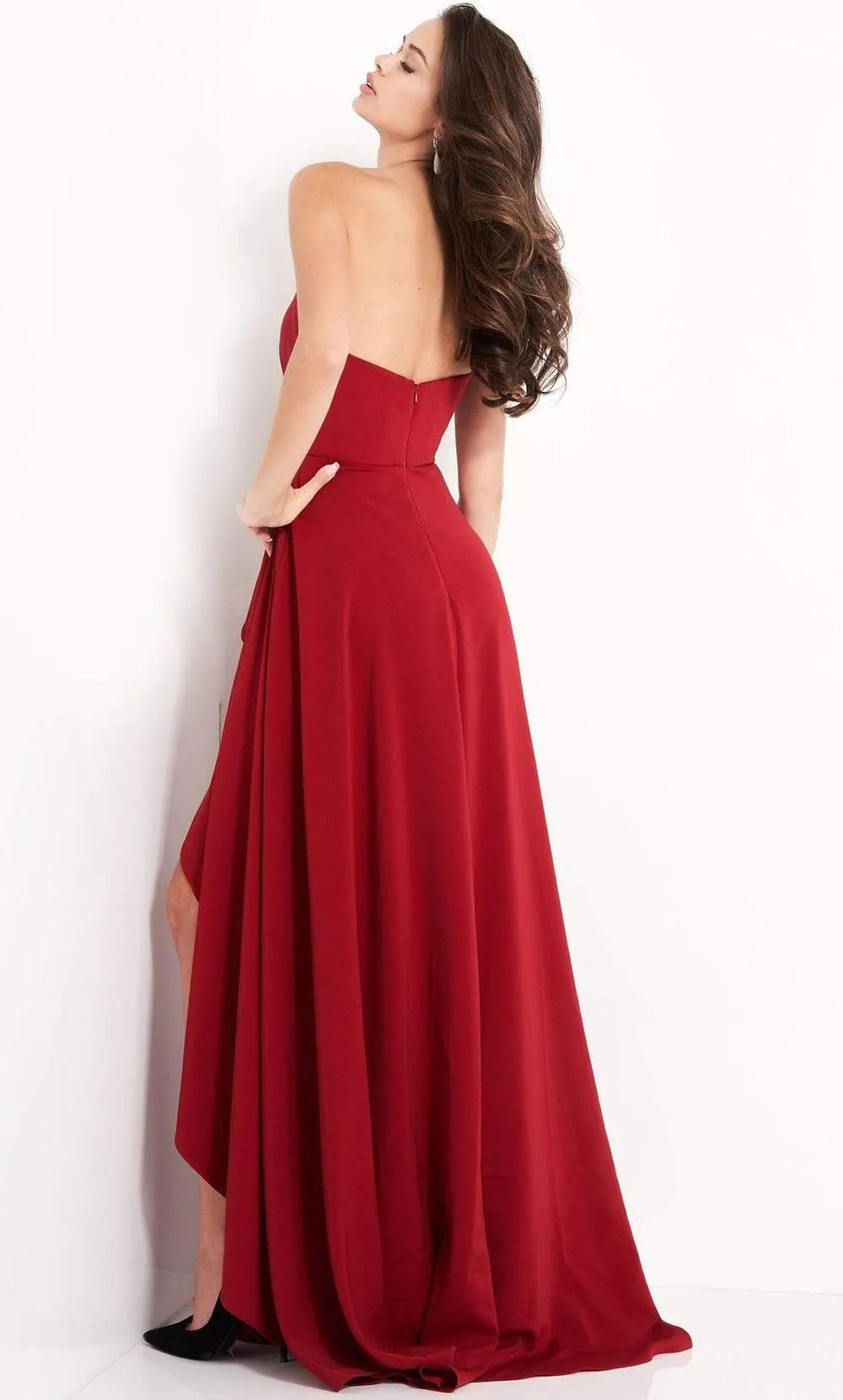Red Strapless Evening Dress with Asymmetric Ruffle Skirt Crystal Embellishment and High Thigh Slit for Glamorous Occasions