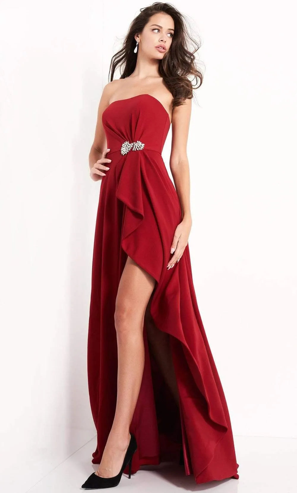 Red Strapless Evening Dress with Asymmetric Ruffle Skirt Crystal Embellishment and High Thigh Slit for Glamorous Occasions