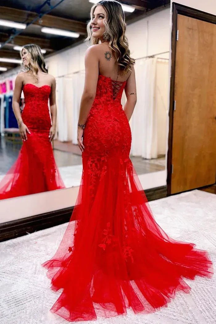 Red Strapless Lace Long Prom Dress Mermaid Evening Party Dress
