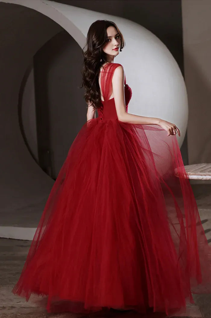 Red Tulle Long A-Line Prom Dress Off the Shoulder Evening Graduation Dress