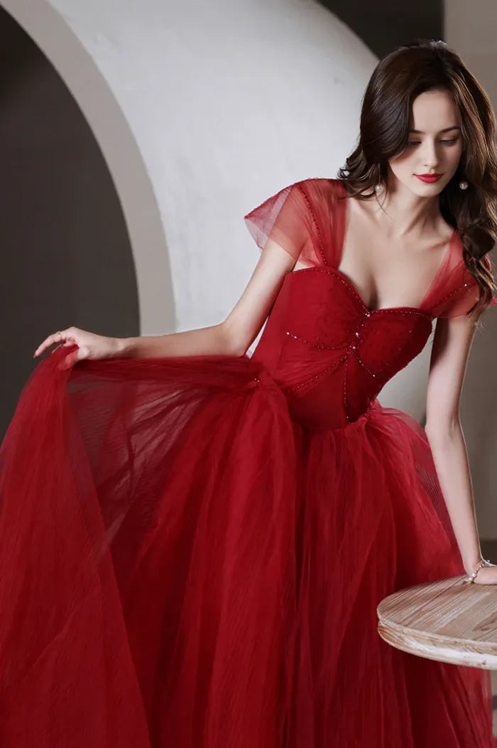 Red Tulle Long A-Line Prom Dress Off the Shoulder Evening Graduation Dress