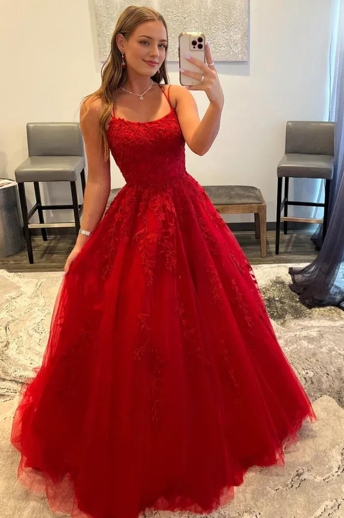 Red Tulle Long Prom Dress with Lace A-Line Backless Evening Graduation Dress