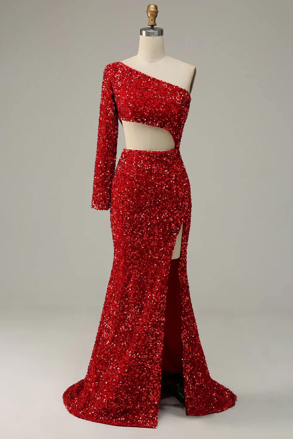 DingJiDress Mermaid One Shoulder Red Sequins Cut Out Prom Dress with Slit Front