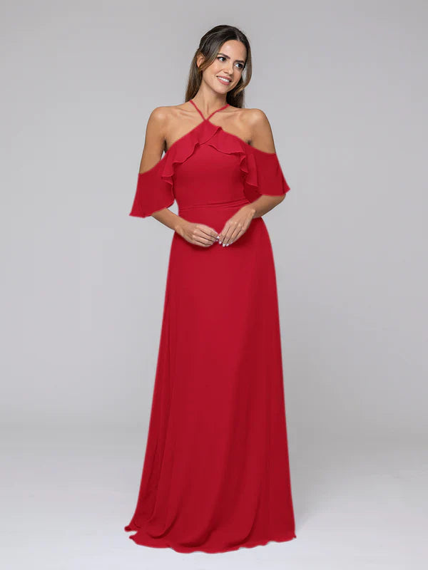 DingJiDress Halter Ruffles Off The Shoulder Chiffon Floor Length Bridesmaid Dresses