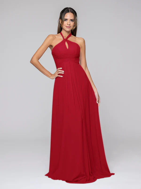 DingJiDress Tie-neck Halter Sleeveless Wedding Bridesmaid Dresses With Ruched Waist Bridesmaid Dresses