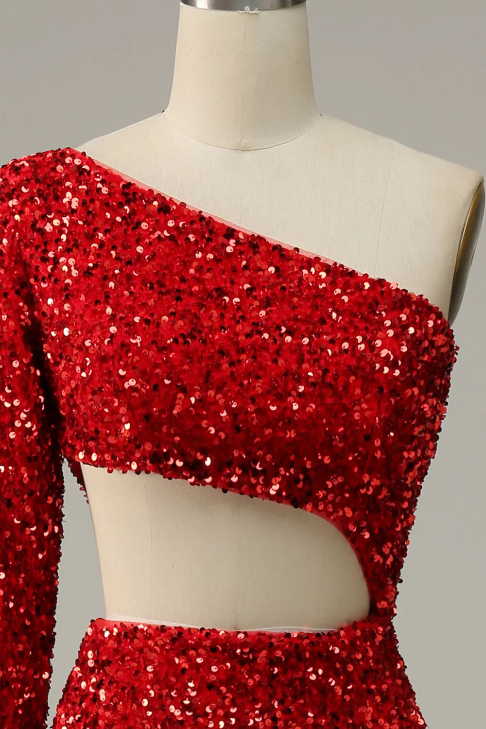 DingJiDress Mermaid One Shoulder Red Sequins Cut Out Prom Dress with Slit Front