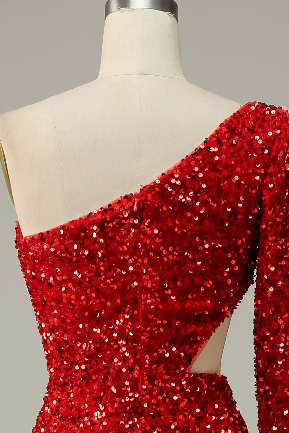 DingJiDress Mermaid One Shoulder Red Sequins Cut Out Prom Dress with Slit Front